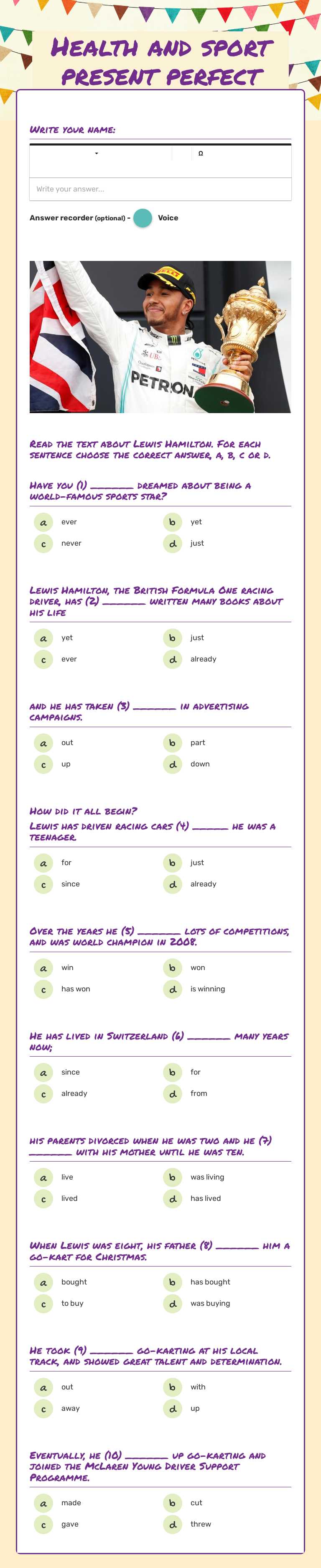 Health and sport present perfect worksheet preview image