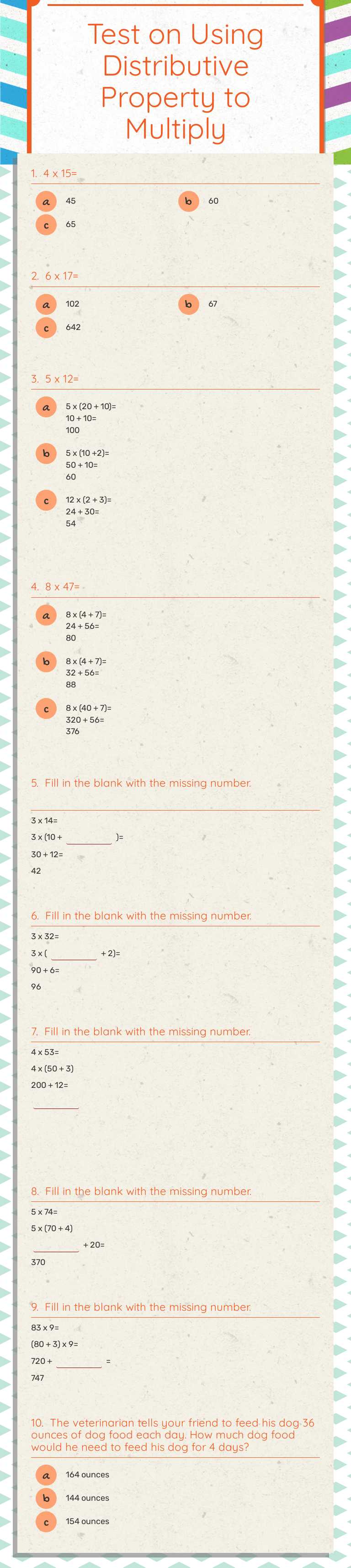 Test on Using Distributive Property to Multiply worksheet preview image