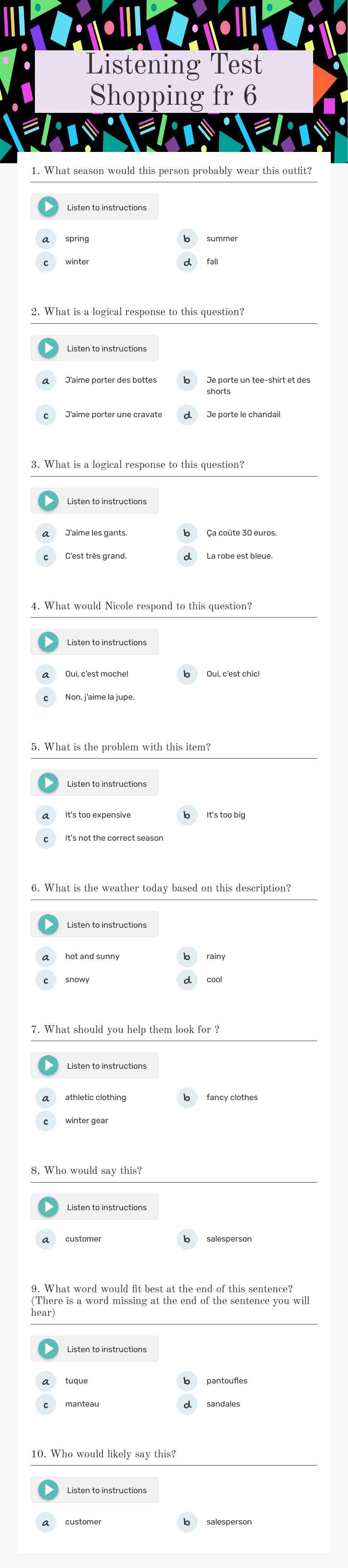Listening Test Shopping fr 6 worksheet preview image