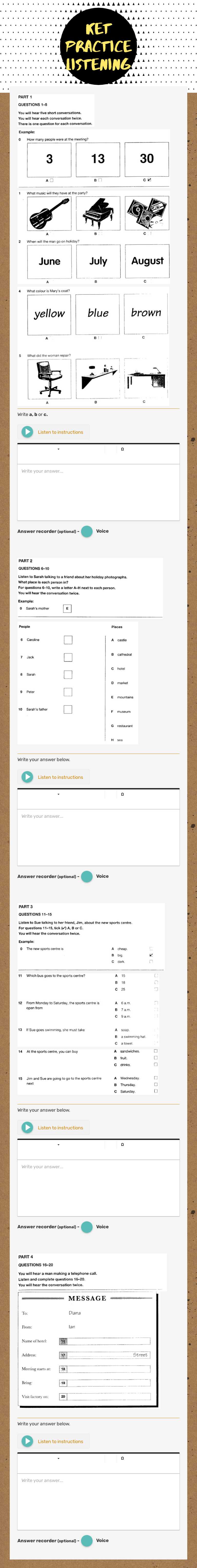 KET practice listening worksheet preview image