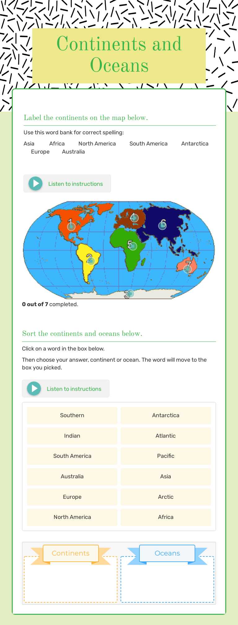 Continents and Oceans worksheet preview image