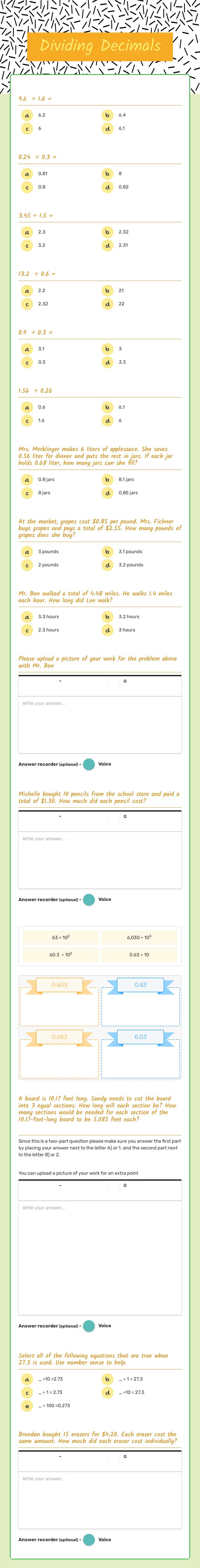Dividing Decimals worksheet preview image