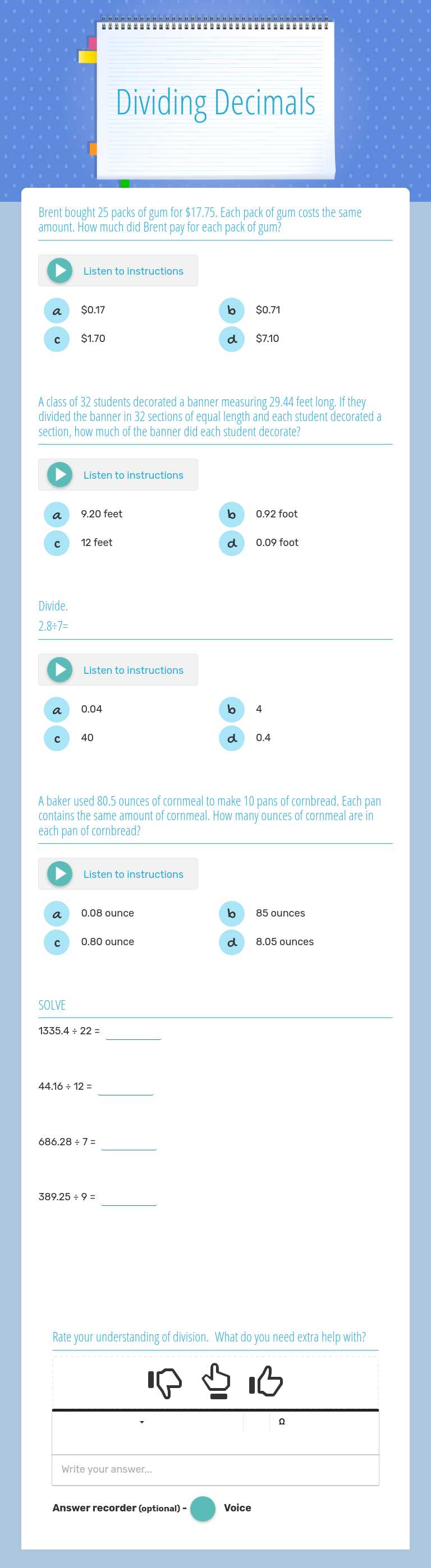 Dividing Decimals worksheet preview image
