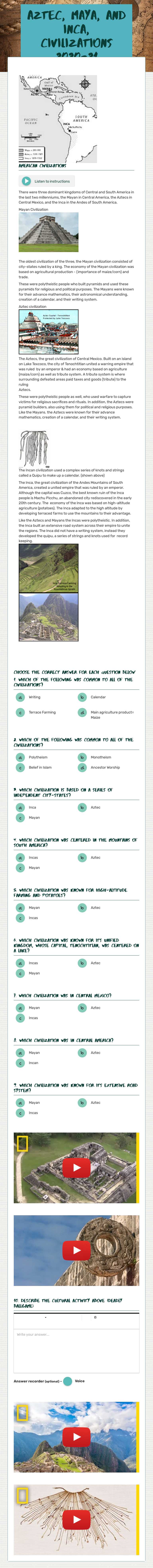 Aztec, Maya, 
and Inca,  Civilizations 2020-21 Grade 6 worksheet preview