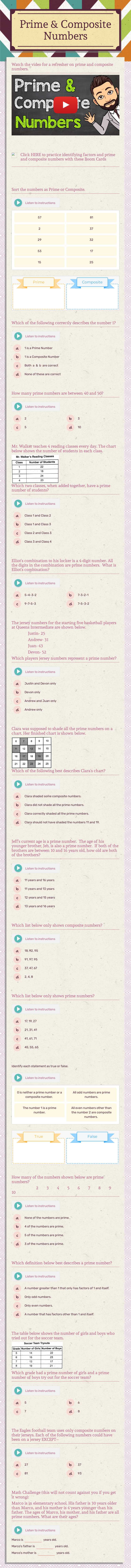 Prime & Composite Numbers worksheet preview image