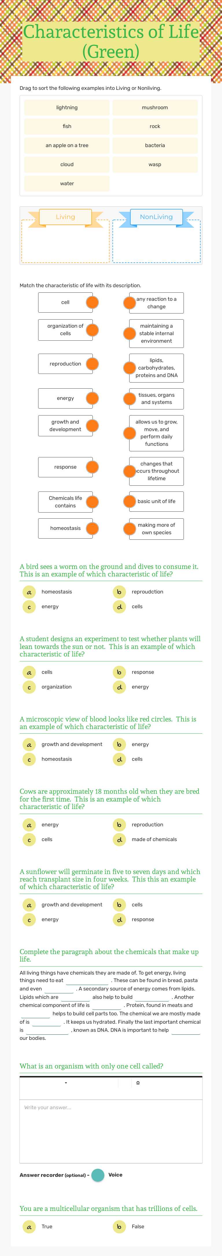 Characteristics of Life (Green) worksheet preview image