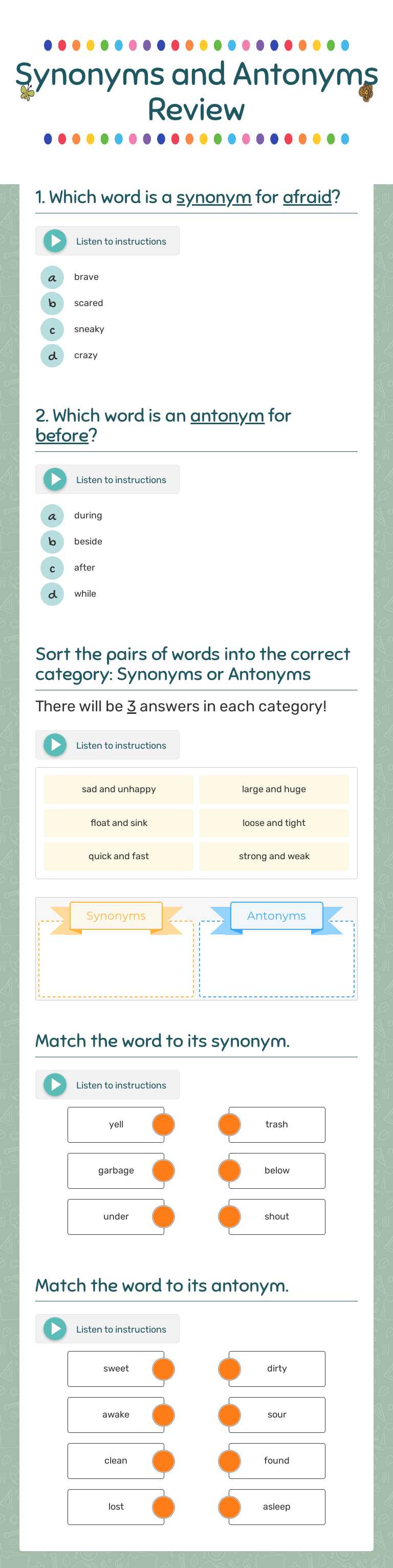 Synonyms and Antonyms Review Grade 4 worksheet preview