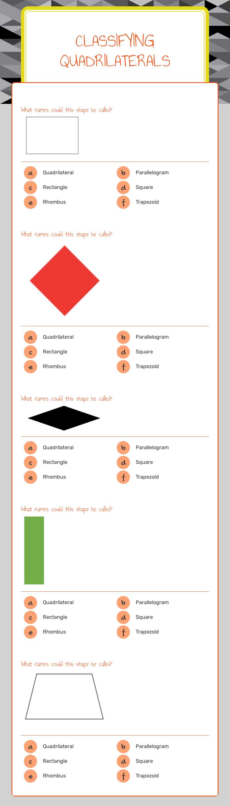 Classifying Quadrilaterals Grade 3 worksheet preview