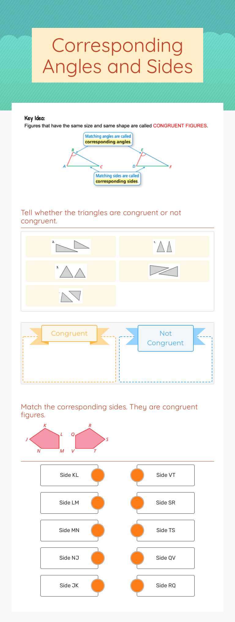 Corresponding Angles and Sides Grade 8 worksheet preview