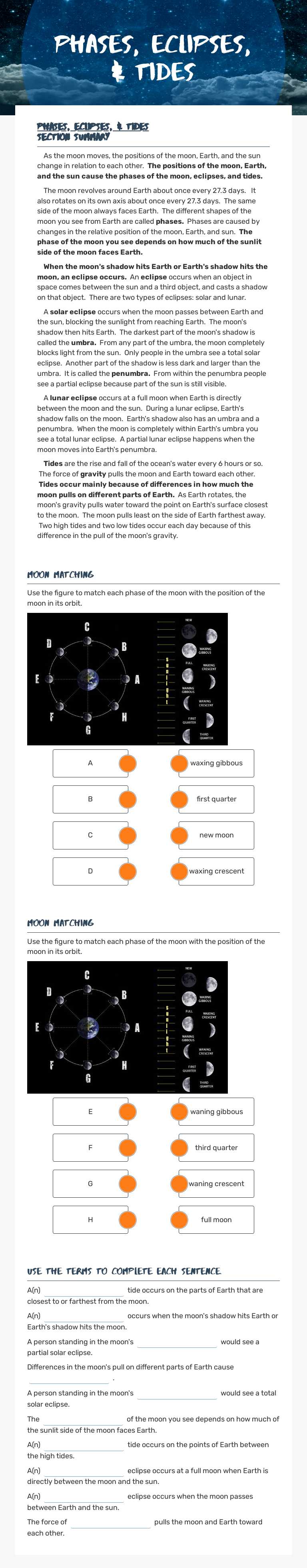 Phases, eclipses, & tides worksheet preview image