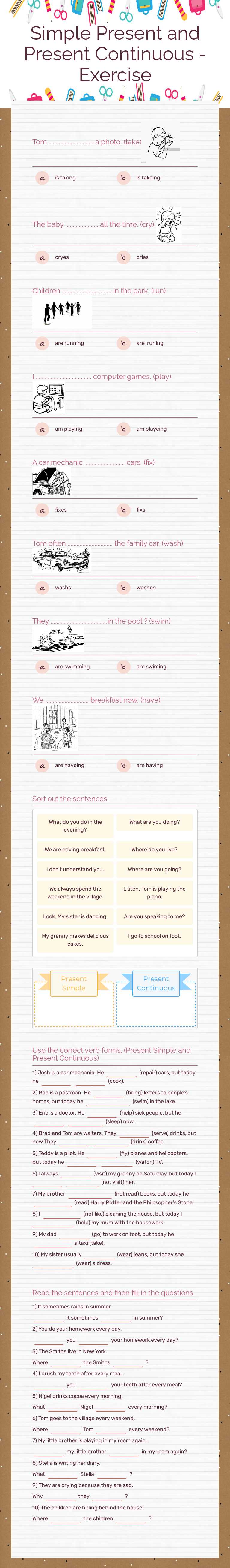 Simple Present and Present Continuous - Exercise Grade 5 worksheet preview