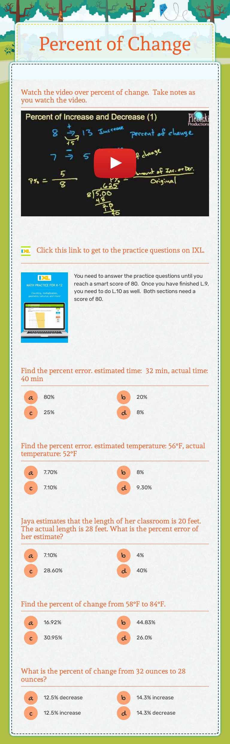 Percent of Change Grade 7 worksheet preview