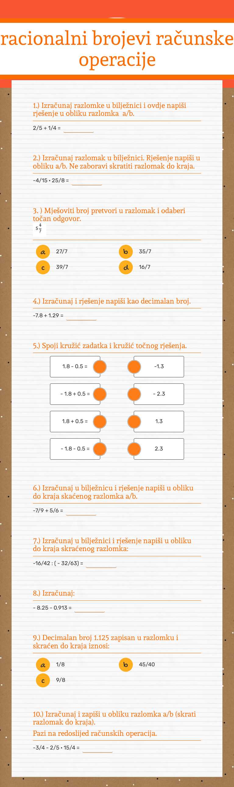 racionalni brojevi  
računske operacije worksheet preview image