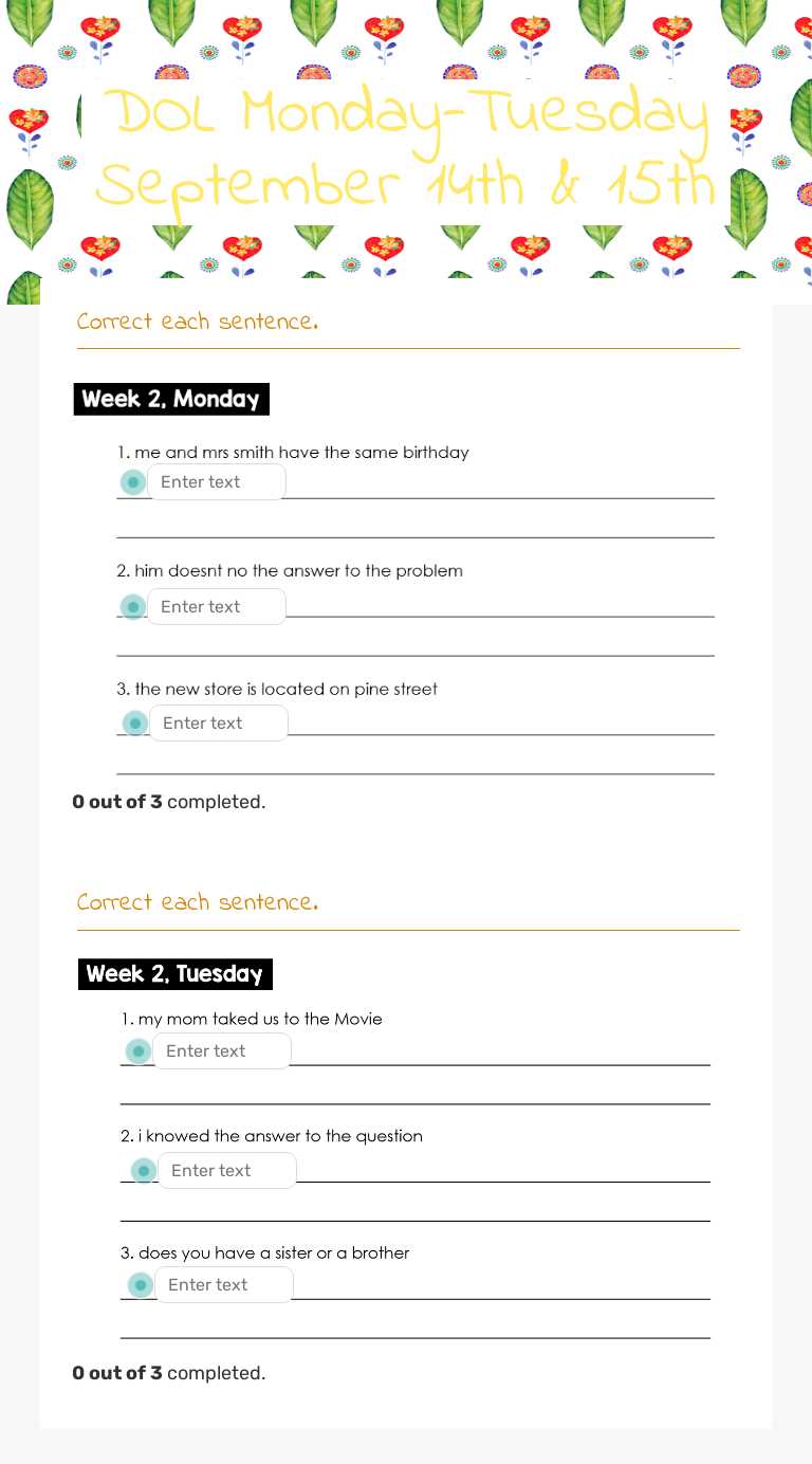 DOL Monday-Tuesday September 14th & 15th worksheet preview image