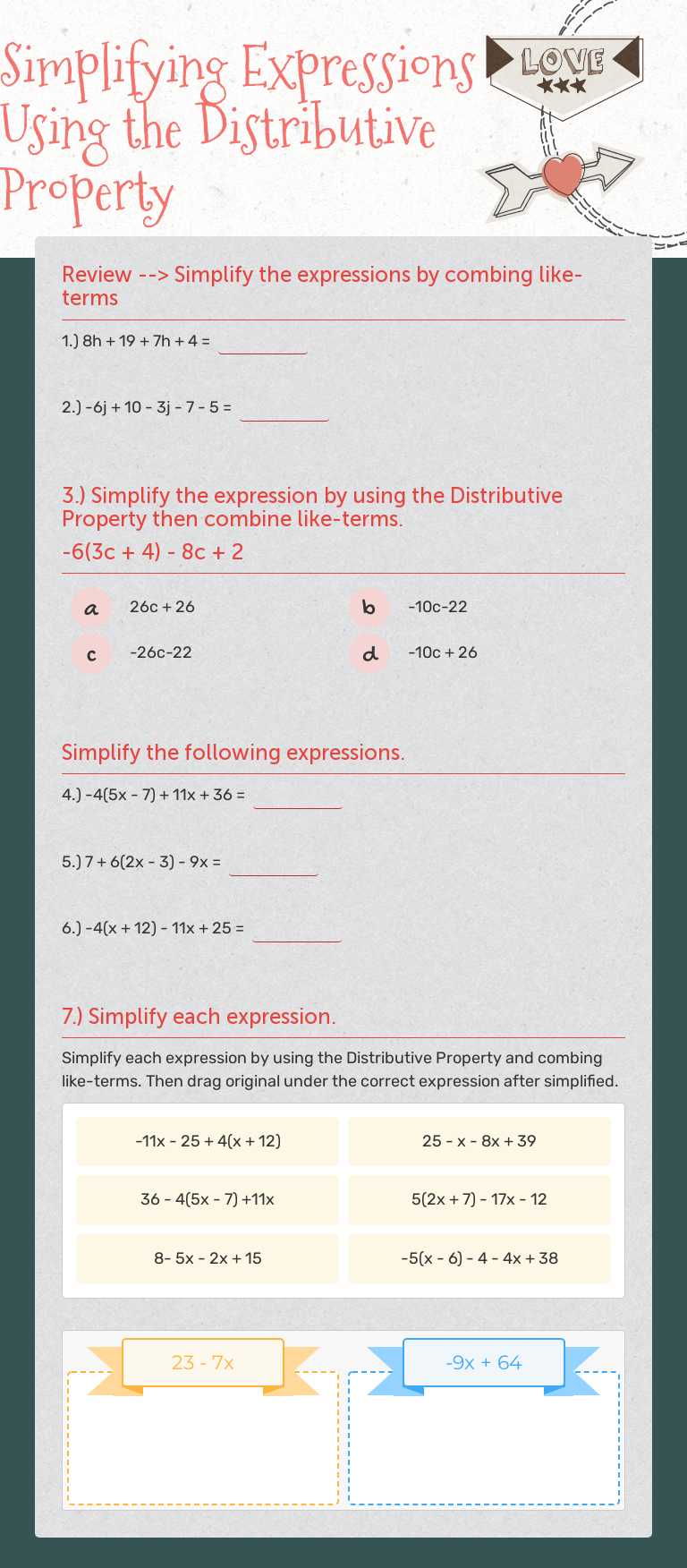 Simplifying Expressions Using the Distributive Property worksheet preview image