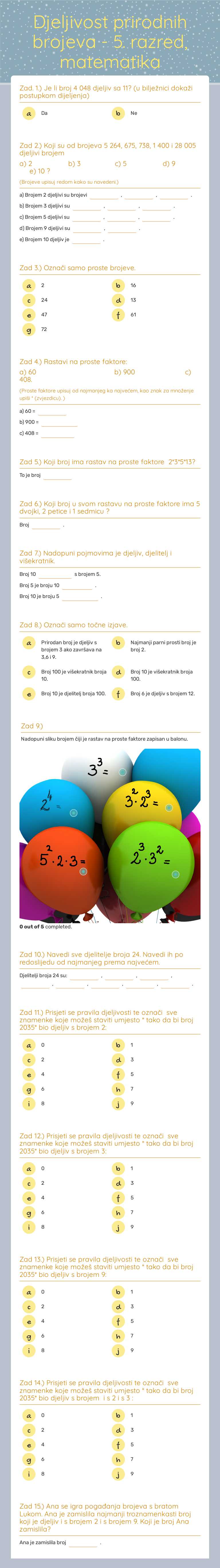 Djeljivost prirodnih brojeva - 5. razred, matematika worksheet preview image