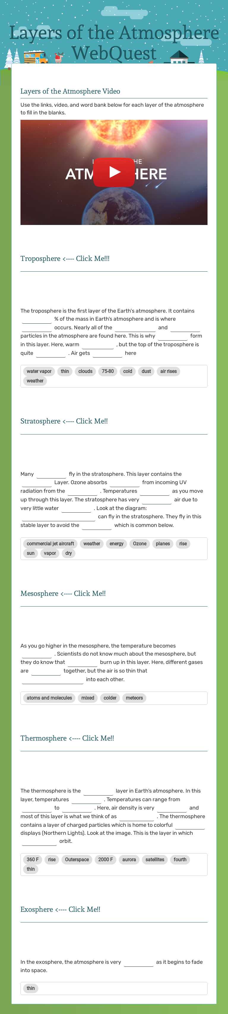 Layers of the Atmosphere WebQuest worksheet preview image