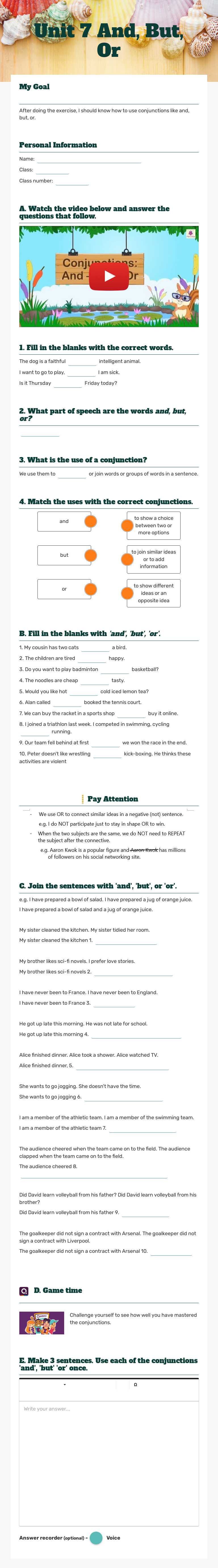 Unit 7 And, But, Or worksheet preview image