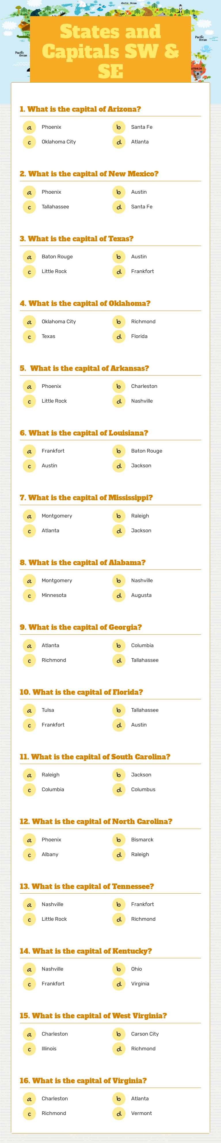 States and Capitals        SW & SE worksheet preview image