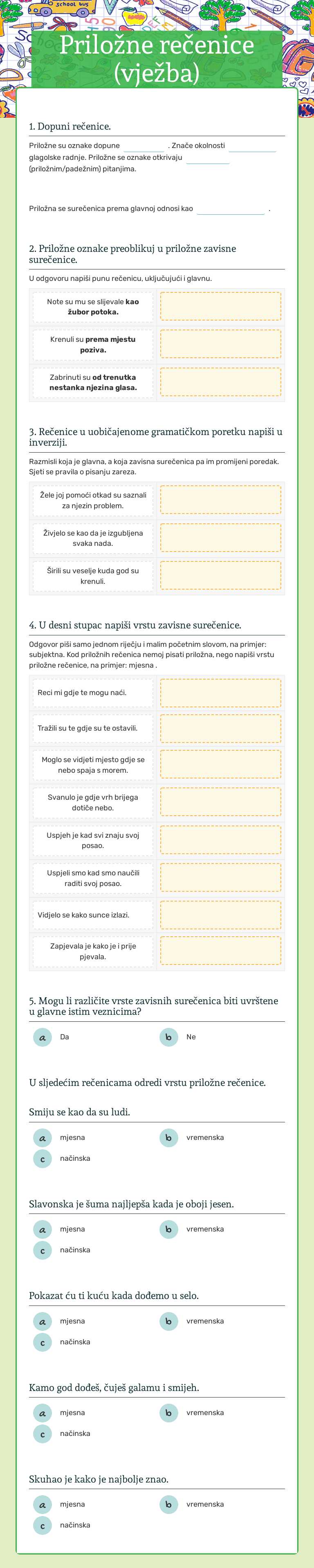 Priložne rečenice (vježba) worksheet preview image