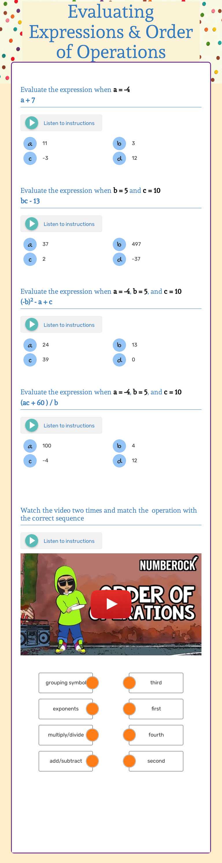 Evaluating Expressions & Order of Operations Practice Grade 7 worksheet preview