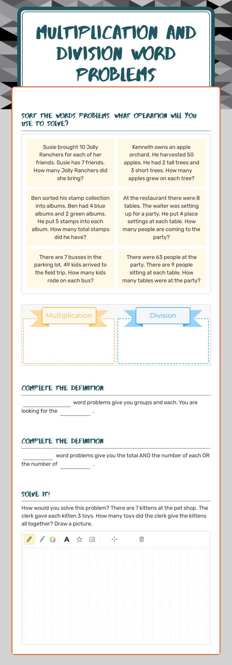 Multiplication and Division Word problems worksheet preview image