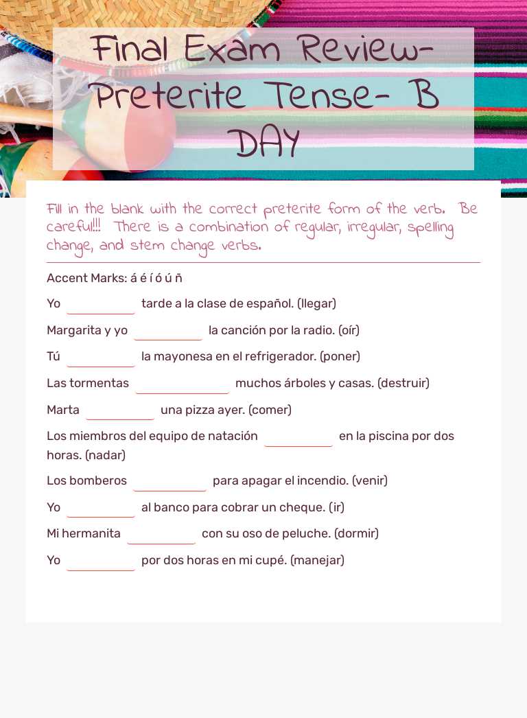 Final Exam Review- Preterite Tense- B DAY worksheet preview image