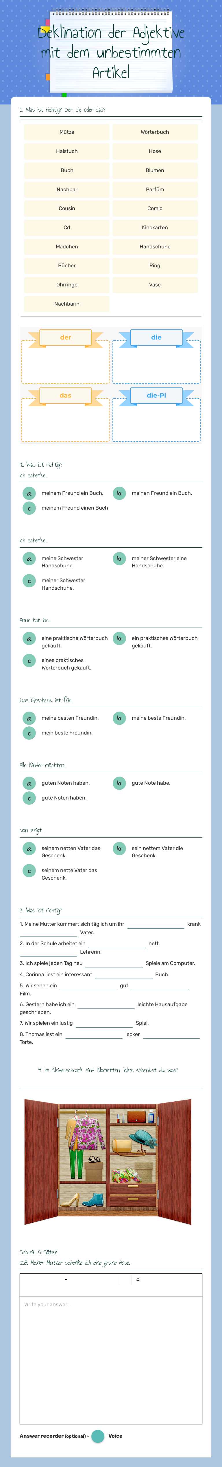 Deklination der Adjektive mit dem unbestimmten Artikel worksheet preview image