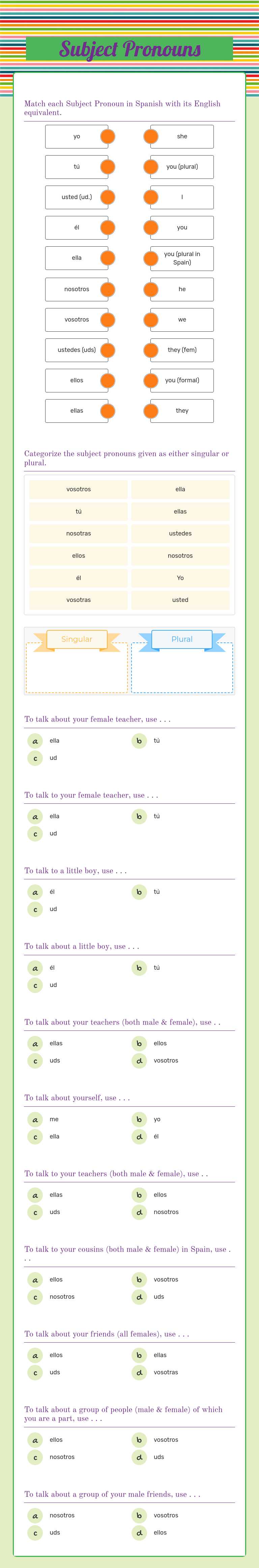 Subject Pronouns worksheet preview image