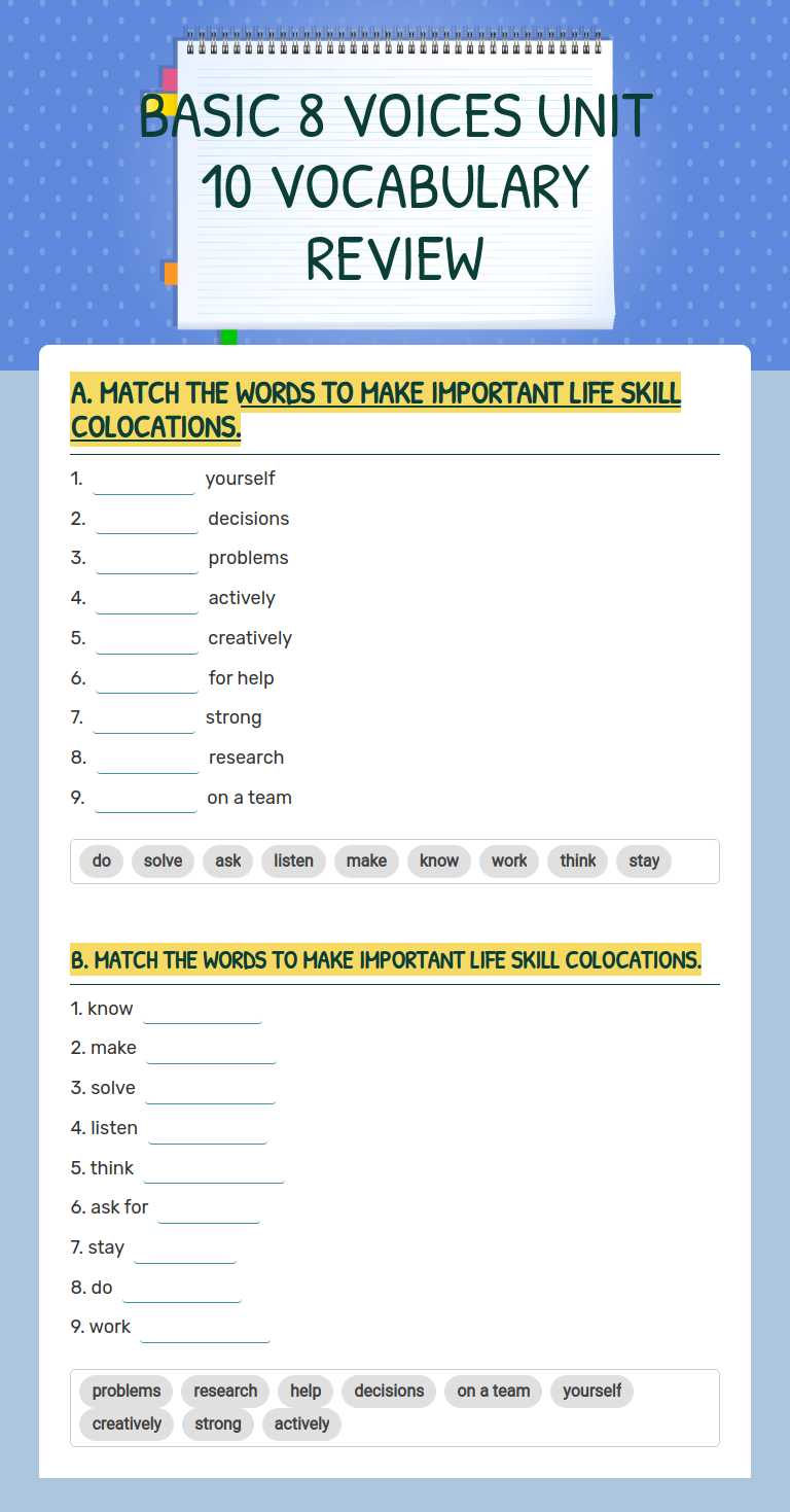 BASIC 8 VOICES UNIT 10 VOCABULARY REVIEW worksheet preview image