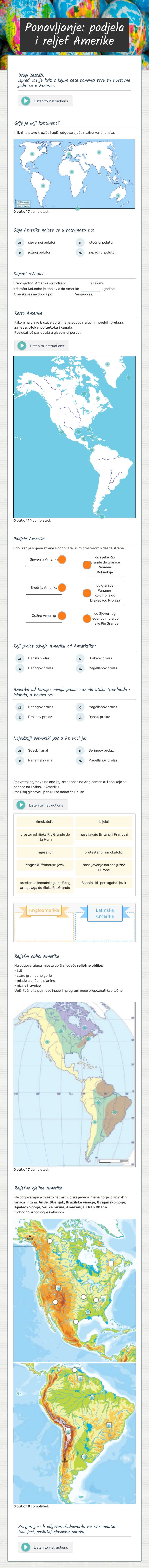 Ponavljanje: podjela i reljef Amerike worksheet preview image