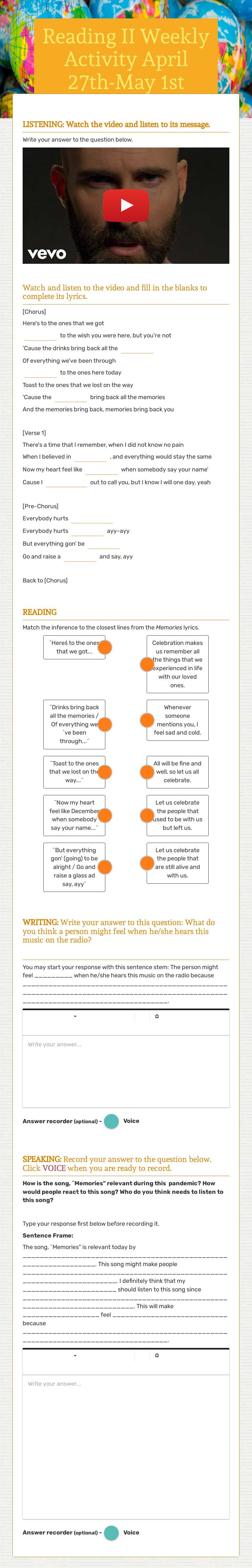 Reading II  
 Weekly Activity      April 27th-May 1st worksheet preview image