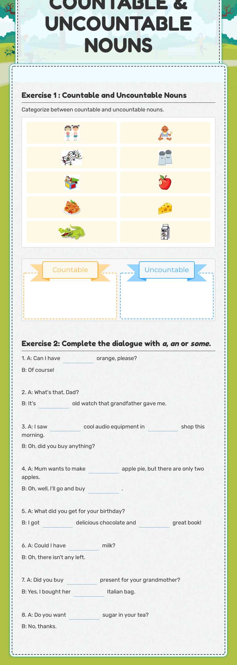 COUNTABLE & UNCOUNTABLE NOUNS worksheet preview image