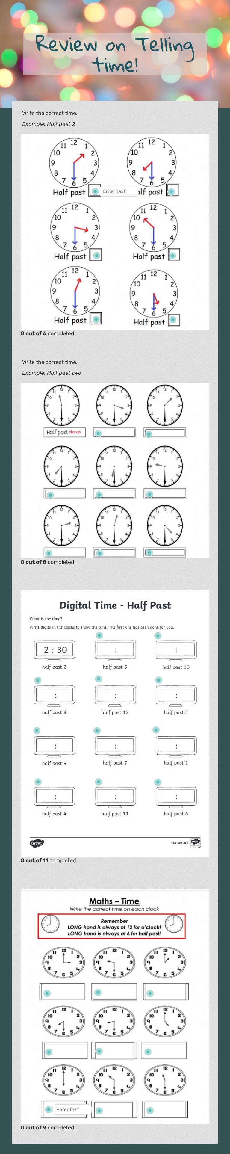 Review on Telling time! worksheet preview image