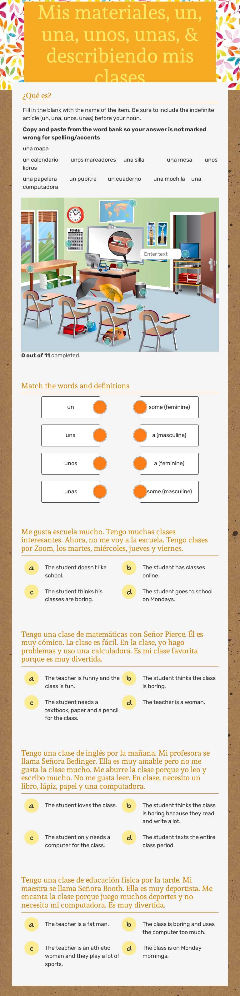 Mis materiales, un, una, unos, unas, & describiendo mis clases worksheet preview image