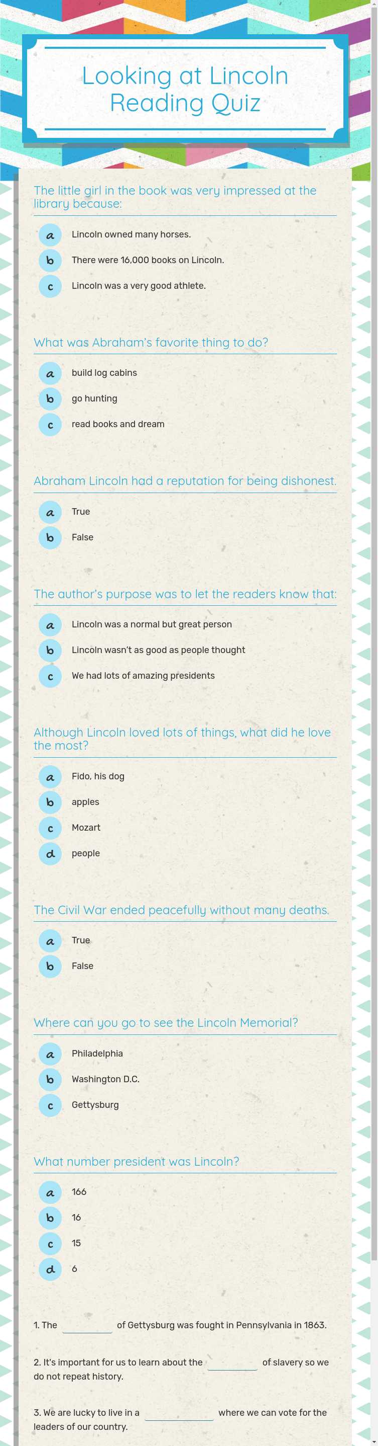 Looking at Lincoln 
Reading Quiz worksheet preview image