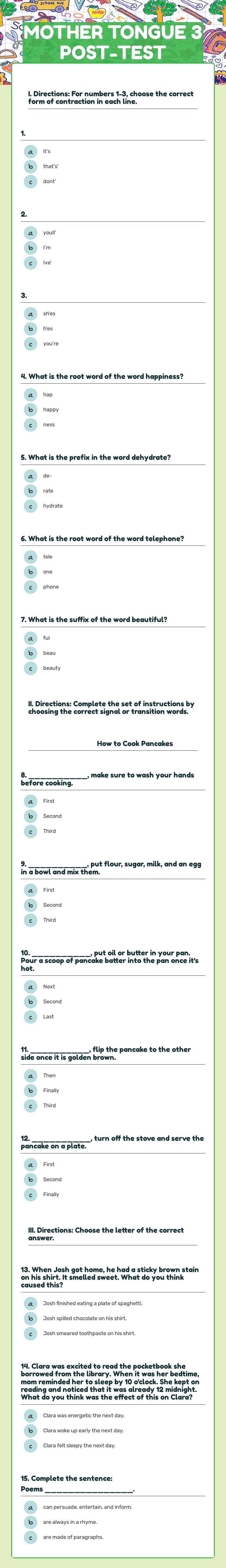 MOTHER TONGUE 3 POST-TEST worksheet preview image