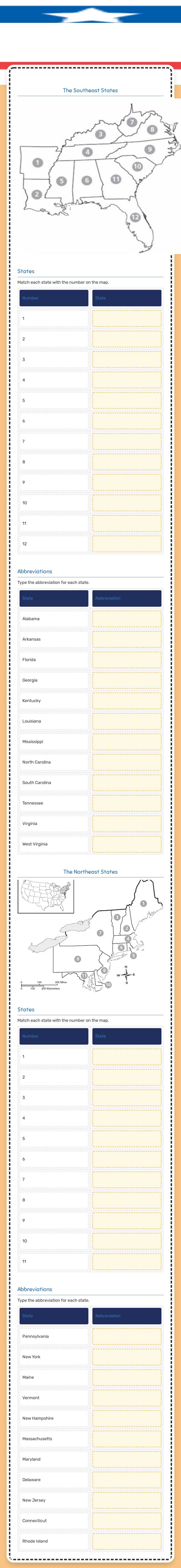 The Northeast & Southeast States and Abbreviations Quiz Grade 4 worksheet preview