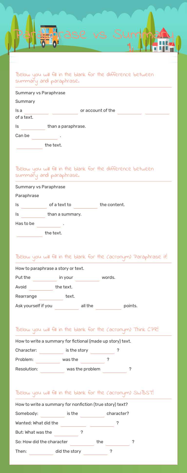 Paraphrase vs Summary worksheet preview image
