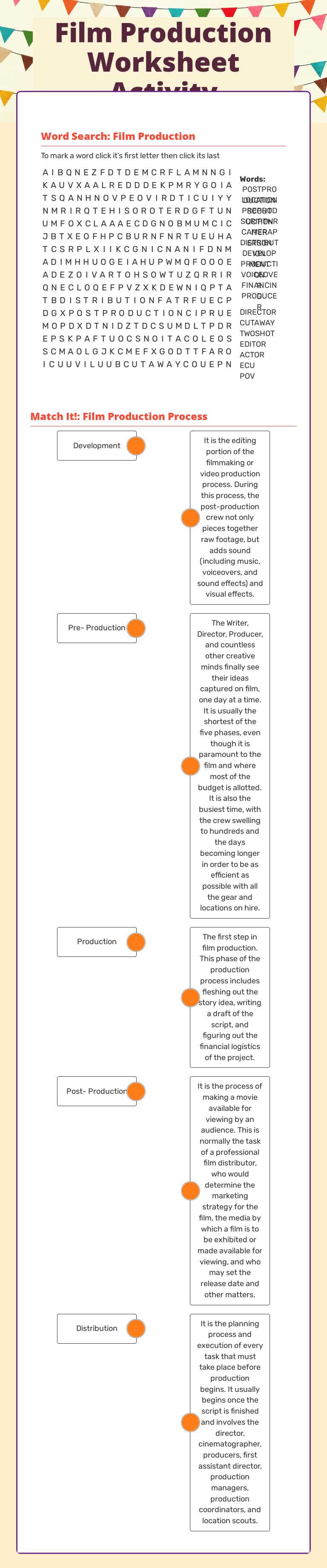 Film Production Worksheet Activity worksheet preview image