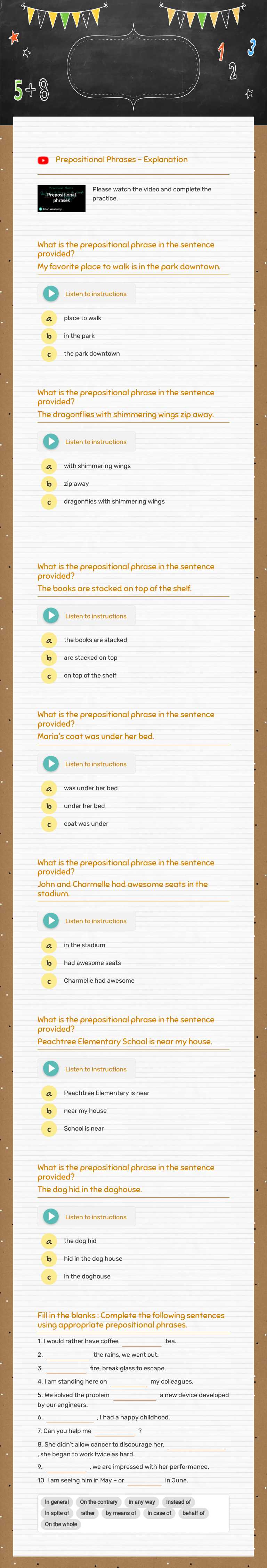 Prepositional Phrases Grade 8 worksheet preview
