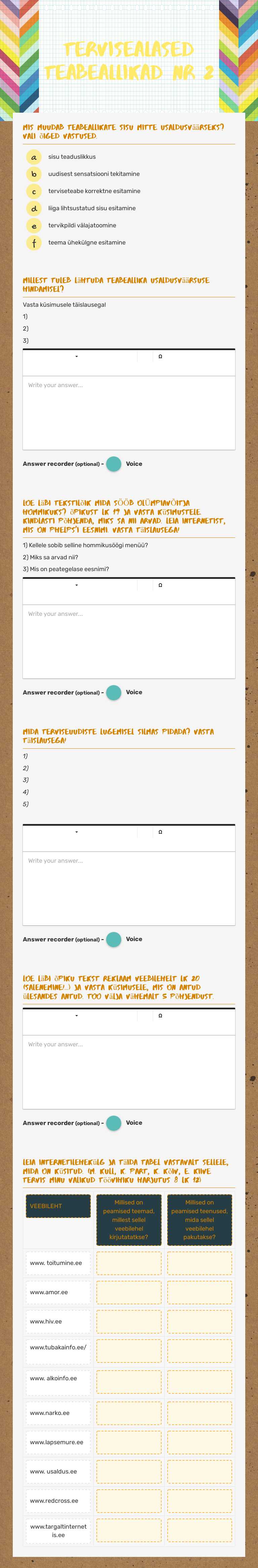 Tervisealased teabeallikad nr 2 worksheet preview image