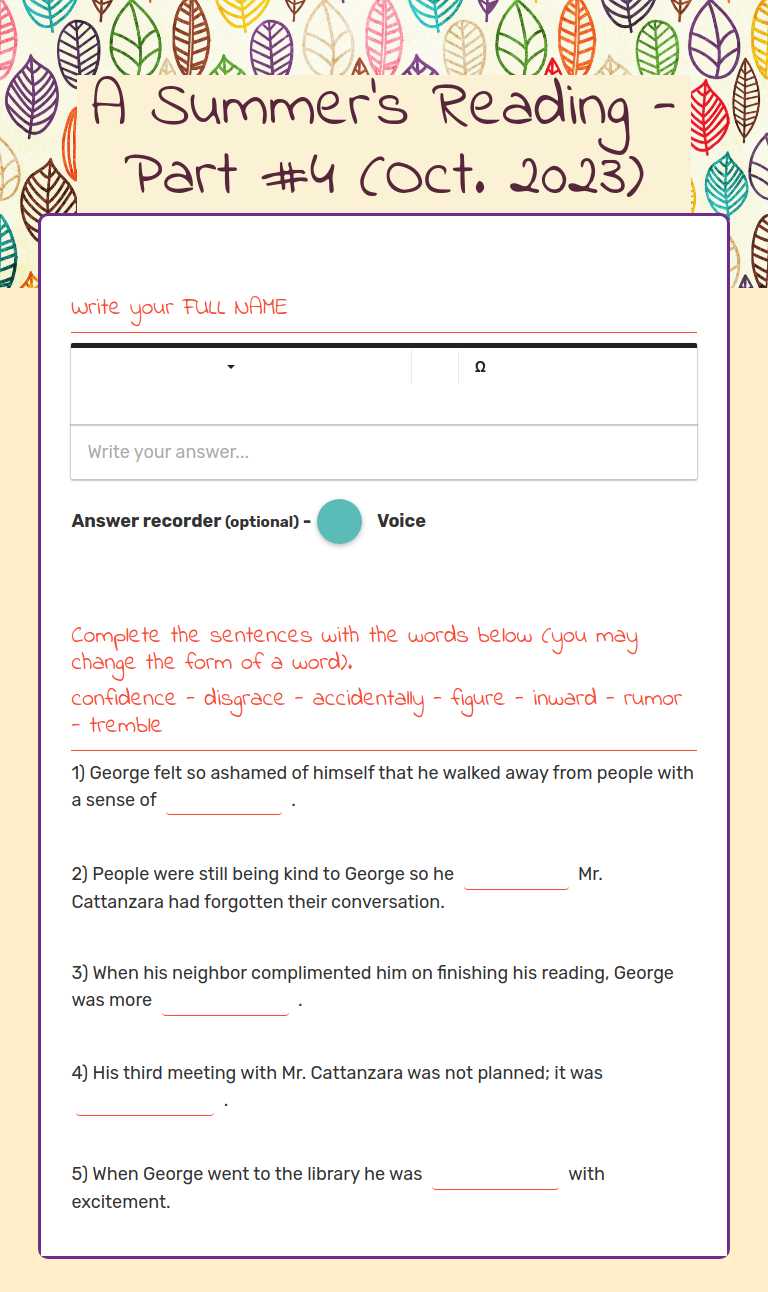 A Summer's Reading - Part #4  (Oct. 2023) Grade 11 worksheet preview