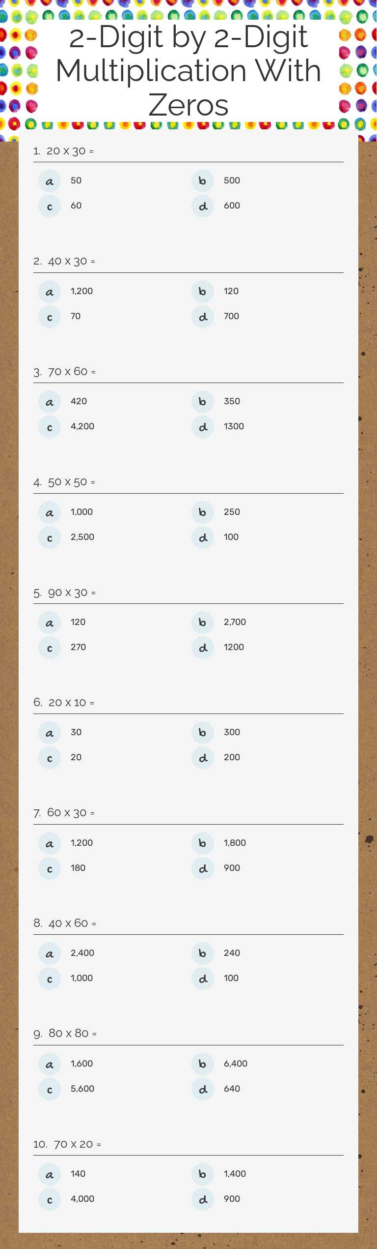 2-Digit by 2-Digit Multiplication With Zeros Grade 4 worksheet preview