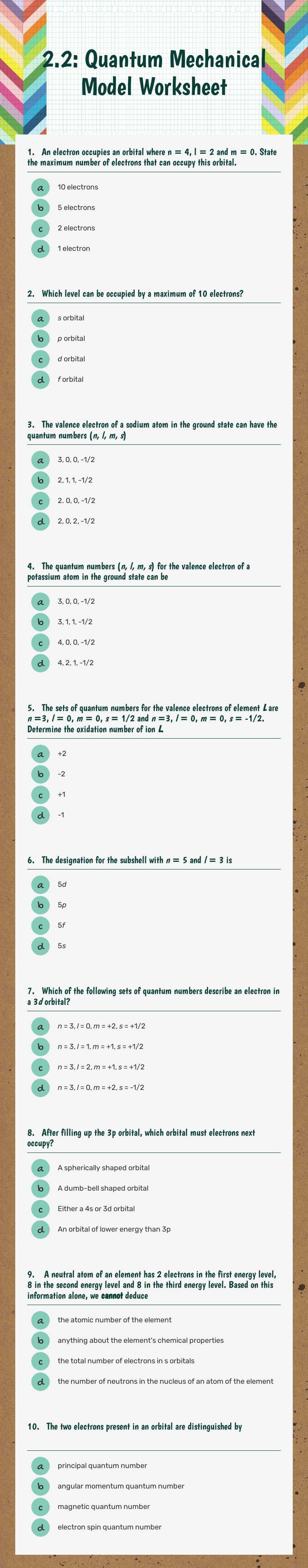 2.2: Quantum Mechanical Model Worksheet worksheet preview image