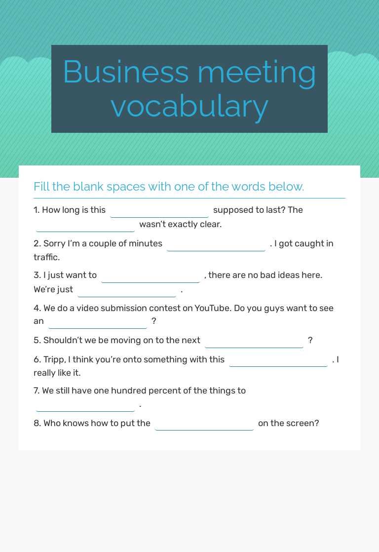 Business meeting vocabulary worksheet preview image