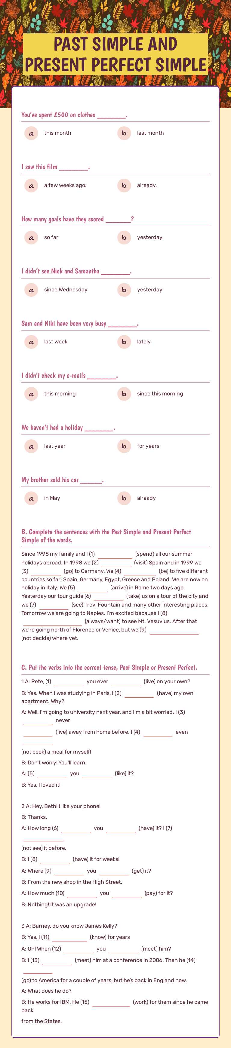 PAST SIMPLE AND PRESENT PERFECT SIMPLE worksheet preview image
