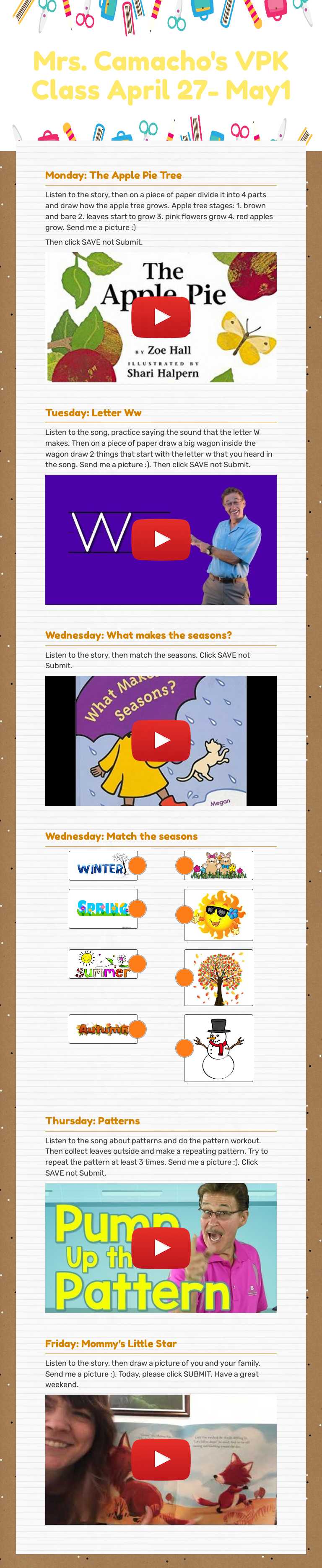 Mrs. Camacho's VPK Class April 27- May1 Preschool worksheet preview