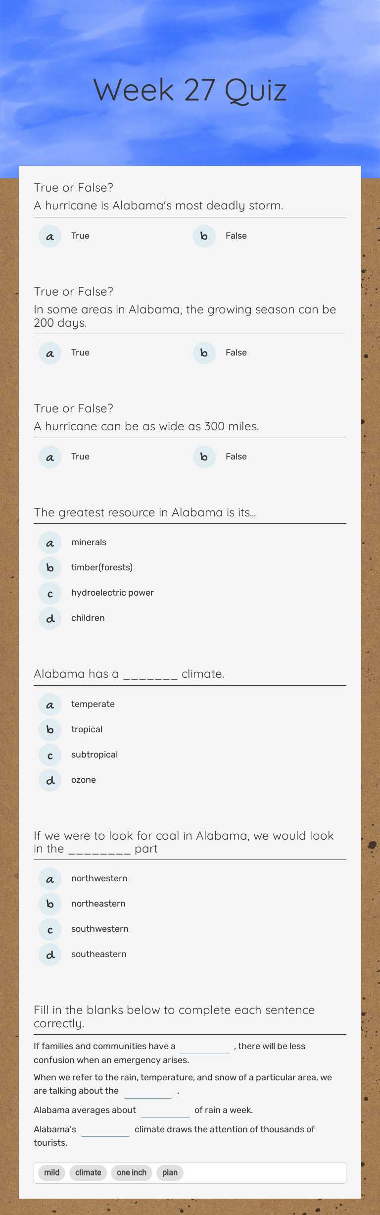 Week 27 Quiz worksheet preview image