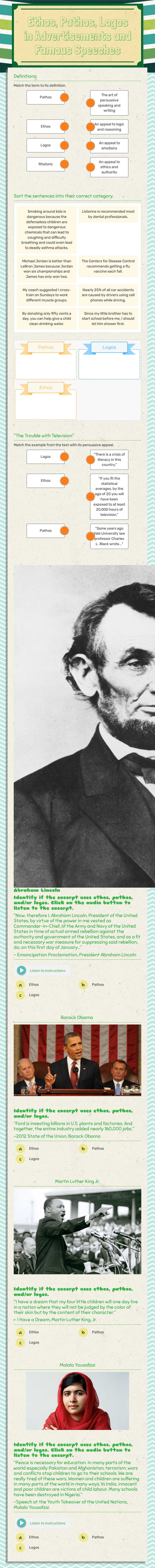 Ethos, Pathos, Logos in Advertisements and Famous Speeches Grade 8 worksheet preview